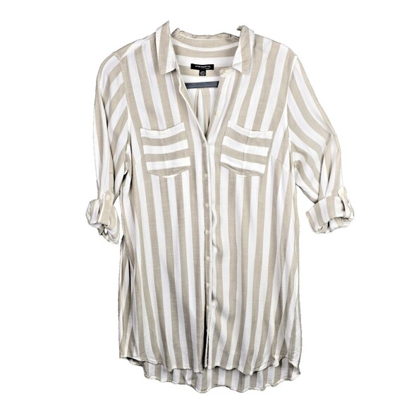 Sharagano Shirt Dress Womens 22W Taupe Ivory Button Up Pockets Stripes  Y2K - Picture 1 of 14